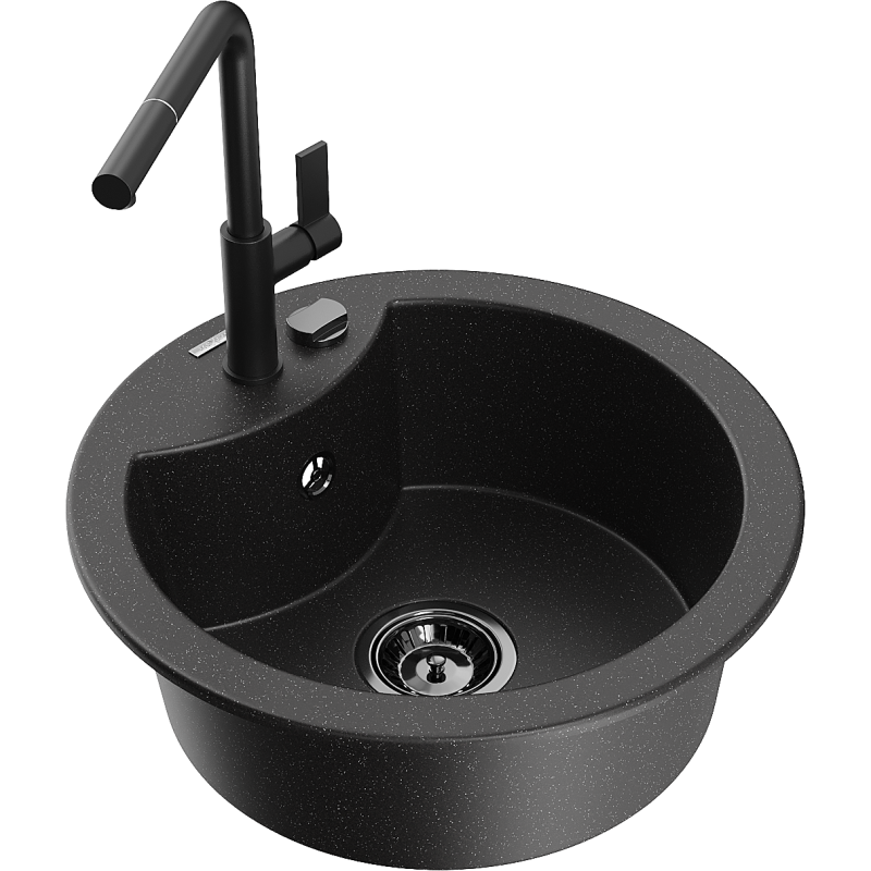 Mexen Diego granitový dřez s 1 komorou a kuchyňskou baterií Flora, černý/stříbrný metalik - 6512-73-670401-70-B