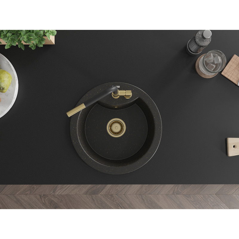 Mexen Diego žulový dřez s 1 komorou a kuchyňskou baterií Flora, černý/zlatý metalik - 6512-75-670401-57-G