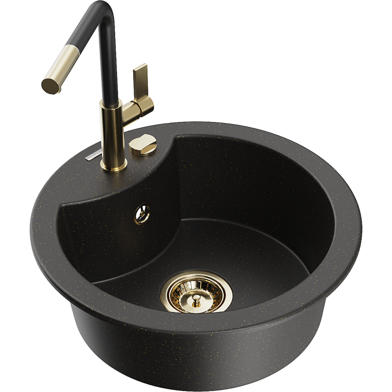 Mexen Diego žulový dřez s 1 komorou a kuchyňskou baterií Flora, černý/zlatý metalik - 6512-75-670401-57-G