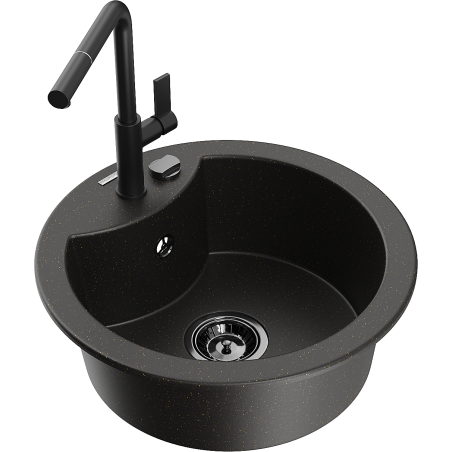 Mexen Diego granitový dřez 1-komorový s kuchyňskou baterií Flora, černý/zlatý metalik - 6512-75-670401-70-B