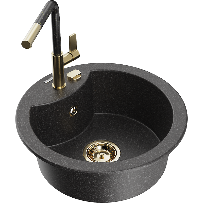 Mexen Diego granitový dřez s 1 komorou a kuchyňskou baterií Flora, černý kropenatý - 6512-76-670401-75-G