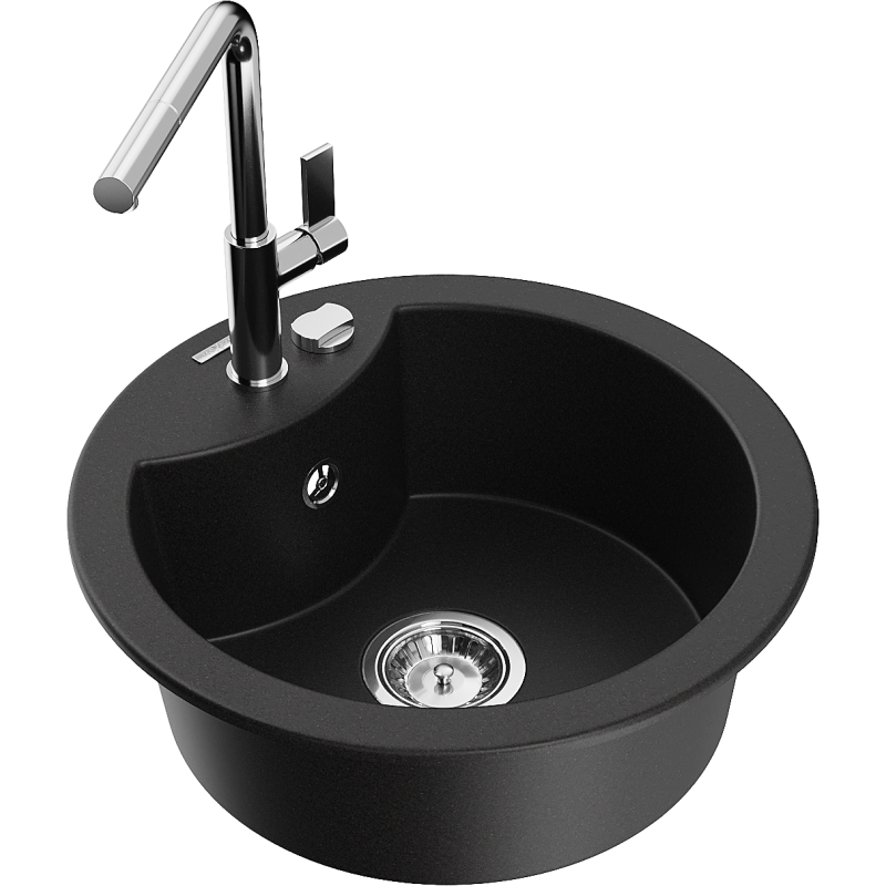 Mexen Diego granitový dřez s 1 komorou a kuchyňskou baterií Flora, černý - 6512-77-670401-00