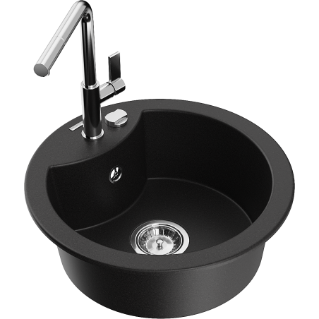 Mexen Diego granitový dřez s 1 komorou a kuchyňskou baterií Flora, černý - 6512-77-670401-00