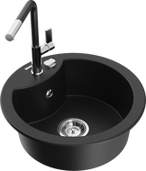 Mexen Diego granitový 1-komorový dřez s kuchyňskou baterií Flora, černý - 6512-77-670401-07