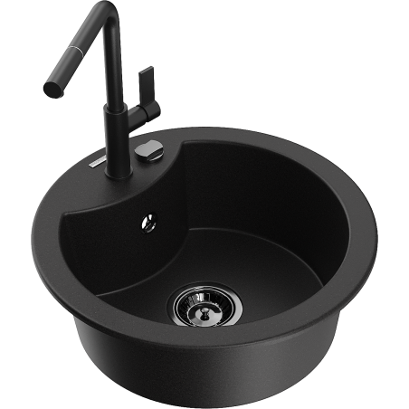 Mexen Diego granitový dřez 1-komorový s kuchyňskou baterií Flora, černý - 6512-77-670401-70-B