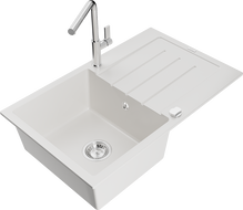 Mexen Bruno granitový dřez 1-komorový s odkapávačem a kuchyňskou baterií Flora, bílý - 6513-20-670401-00