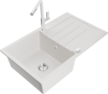 Mexen Bruno granitový dřez 1-komorový s odkapávačem a kuchyňskou baterií Flora, bílý - 6513-20-670401-02