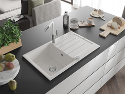 Mexen Bruno granitový dřez 1-komorový s odkapávačem a kuchyňskou baterií Flora, bílý - 6513-20-670401-02