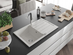 Mexen Bruno granitový dřez 1-komorový s odkapávačem a kuchyňskou baterií Flora, bílý - 6513-20-670401-07