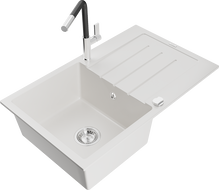 Mexen Bruno granitový dřez 1-komorový s odkapávačem a kuchyňskou baterií Flora, bílý - 6513-20-670401-07