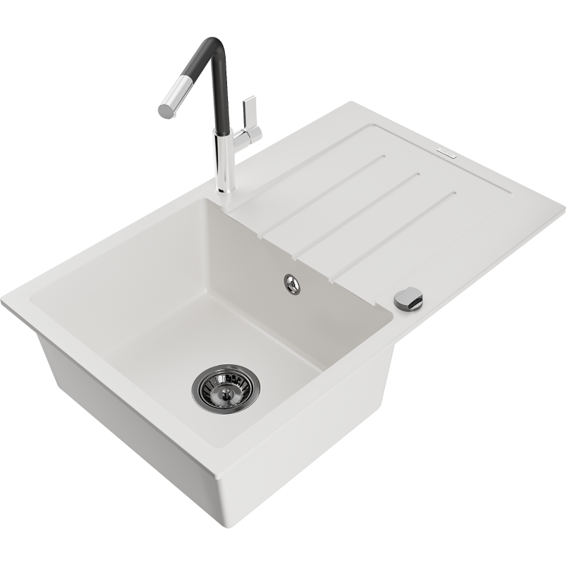 Mexen Bruno granitový dřez 1-komorový s odkapávačem a kuchyňskou baterií Flora, bílý - 6513-20-670401-07-B