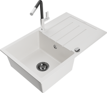 Mexen Bruno granitový dřez 1-komorový s odkapávačem a kuchyňskou baterií Flora, bílý - 6513-20-670401-07-B