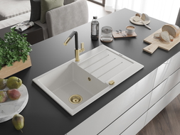 Mexen Bruno žulový kuchyňský dřez 1-komorový s odkapávačem a kuchyňskou baterií Flora, bílý - 6513-20-670401-57-G