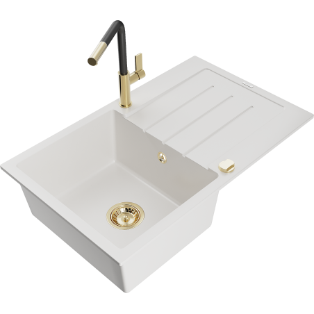 Mexen Bruno žulový kuchyňský dřez 1-komorový s odkapávačem a kuchyňskou baterií Flora, bílý - 6513-20-670401-57-G