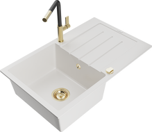 Mexen Bruno žulový kuchyňský dřez 1-komorový s odkapávačem a kuchyňskou baterií Flora, bílý - 6513-20-670401-57-G