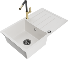 Mexen Bruno granitový dřez 1-komorový s odkapávačem a kuchyňskou baterií Flora, bílý - 6513-20-670401-57-B