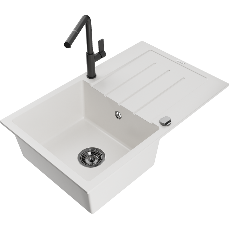 Mexen Bruno granitový jednodřez s odkapávací plochou a kuchyňskou baterií Flora, bílý - 6513-20-670401-70-B