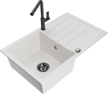 Mexen Bruno granitový jednodřez s odkapávací plochou a kuchyňskou baterií Flora, bílý - 6513-20-670401-70-B