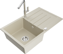 Mexen Bruno granitový dřez 1-komorový s odkapávačem a kuchyňskou baterií Flora, béžový - 6513-69-670401-00