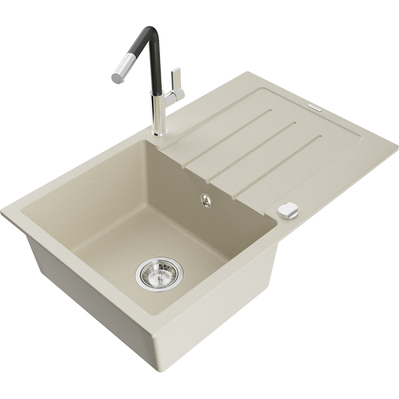 Mexen Bruno granitový dřez 1-komorový s odkapávačem a kuchyňskou baterií Flora, béžový - 6513-69-670401-07