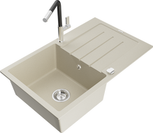Mexen Bruno granitový dřez 1-komorový s odkapávačem a kuchyňskou baterií Flora, béžový - 6513-69-670401-07