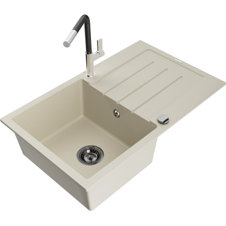 Mexen Bruno granitový dřez 1-komorový s odkapávačem a kuchyňskou baterií Flora, béžový - 6513-69-670401-07-B
