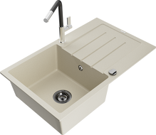 Mexen Bruno granitový dřez 1-komorový s odkapávačem a kuchyňskou baterií Flora, béžový - 6513-69-670401-07-B