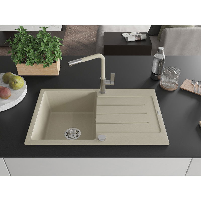 Mexen Bruno granitový dřez 1-komorový s odkapávačem a kuchyňskou baterií Flora, béžový - 6513-69-670401-09