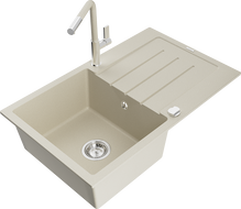 Mexen Bruno granitový dřez 1-komorový s odkapávačem a kuchyňskou baterií Flora, béžový - 6513-69-670401-09