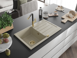 Mexen Bruno žulový dřez jednodřezový s odkapávačem a kuchyňskou baterií Flora, béžový - 6513-69-670401-57-G