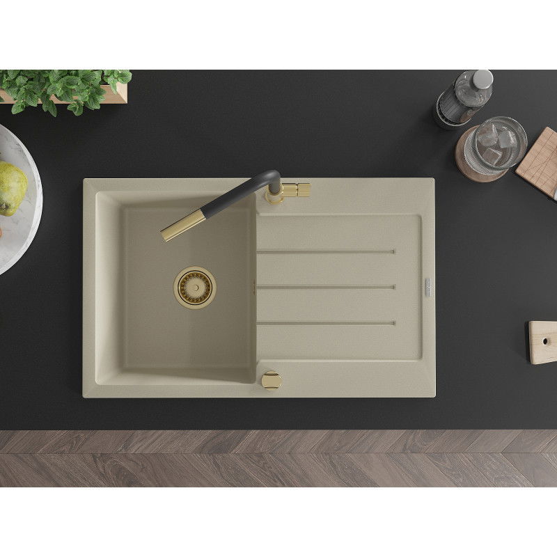 Mexen Bruno žulový dřez jednodřezový s odkapávačem a kuchyňskou baterií Flora, béžový - 6513-69-670401-57-G