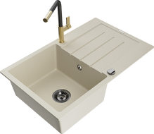 Mexen Bruno granitový dřez 1-komorový s odkapávačem a kuchyňskou baterií Flora, béžový - 6513-69-670401-57-B