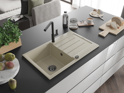 Mexen Bruno granitový dřez 1-komorový s odkapávačem a kuchyňskou baterií Flora, béžový - 6513-69-670401-70-B