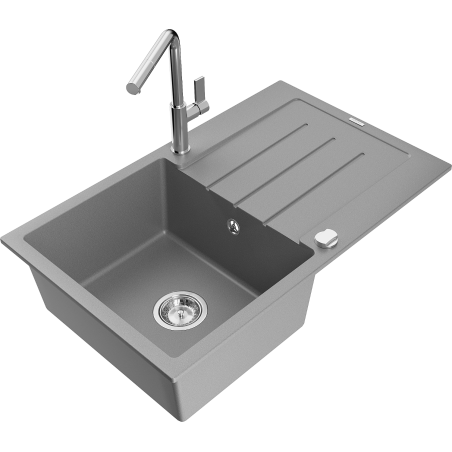 Mexen Bruno granitový dřez 1-komorový s odkapávačem a kuchyňskou baterií Flora, šedý - 6513-71-670401-00
