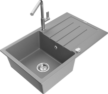 Mexen Bruno granitový dřez 1-komorový s odkapávačem a kuchyňskou baterií Flora, šedý - 6513-71-670401-00