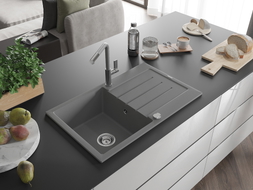 Mexen Bruno granitový kuchyňský dřez s jednou komorou, odkapávačem a kuchyňskou baterií Flora, šedý