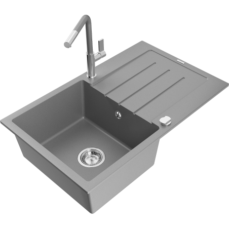Mexen Bruno granitový dřez s 1 komorou a odkapem a kuchyňskou baterií Flora, šedý - 6513-71-670401-06