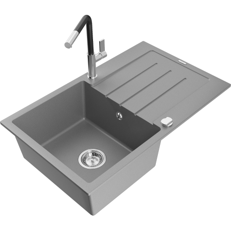 Mexen Bruno granitový kuchyňský dřez s 1 komorou, odkapávačem a kuchyňskou baterií Flora, šedý - 6513-71-670401-07