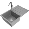 Mexen Bruno granitový kuchyňský dřez s 1 komorou, odkapávačem a kuchyňskou baterií Flora, šedý - 6513-71-670401-07