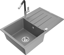 Mexen Bruno granitový kuchyňský dřez s 1 komorou, odkapávačem a kuchyňskou baterií Flora, šedý - 6513-71-670401-07