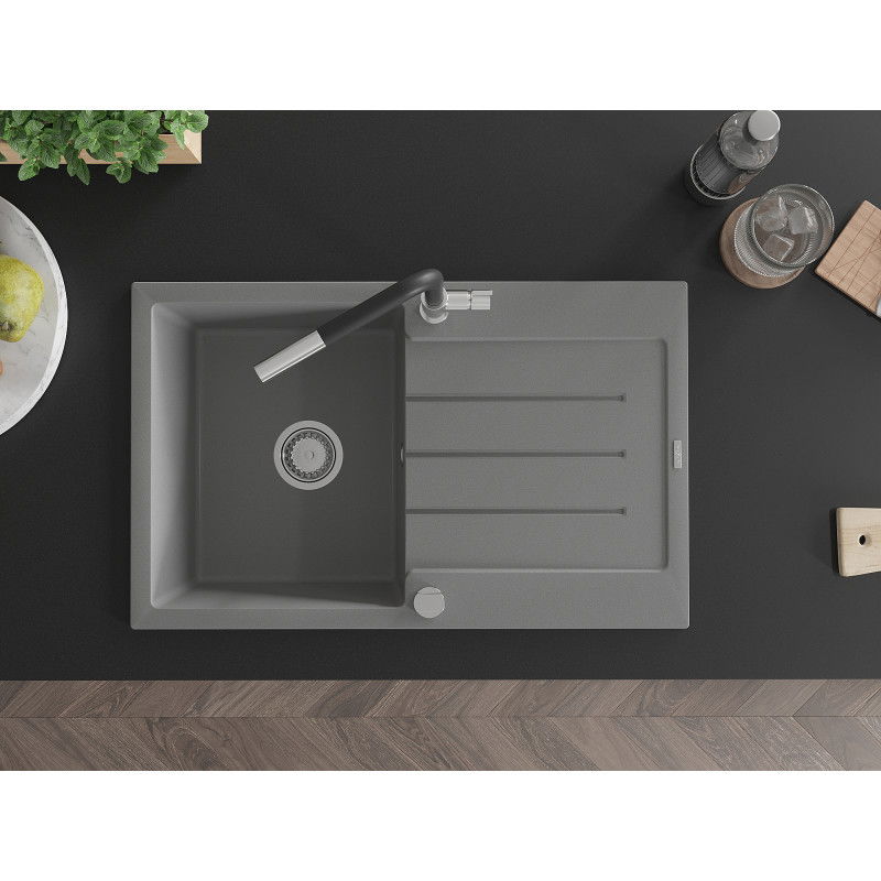 Mexen Bruno granitový kuchyňský dřez s 1 komorou, odkapávačem a kuchyňskou baterií Flora, šedý - 6513-71-670401-07