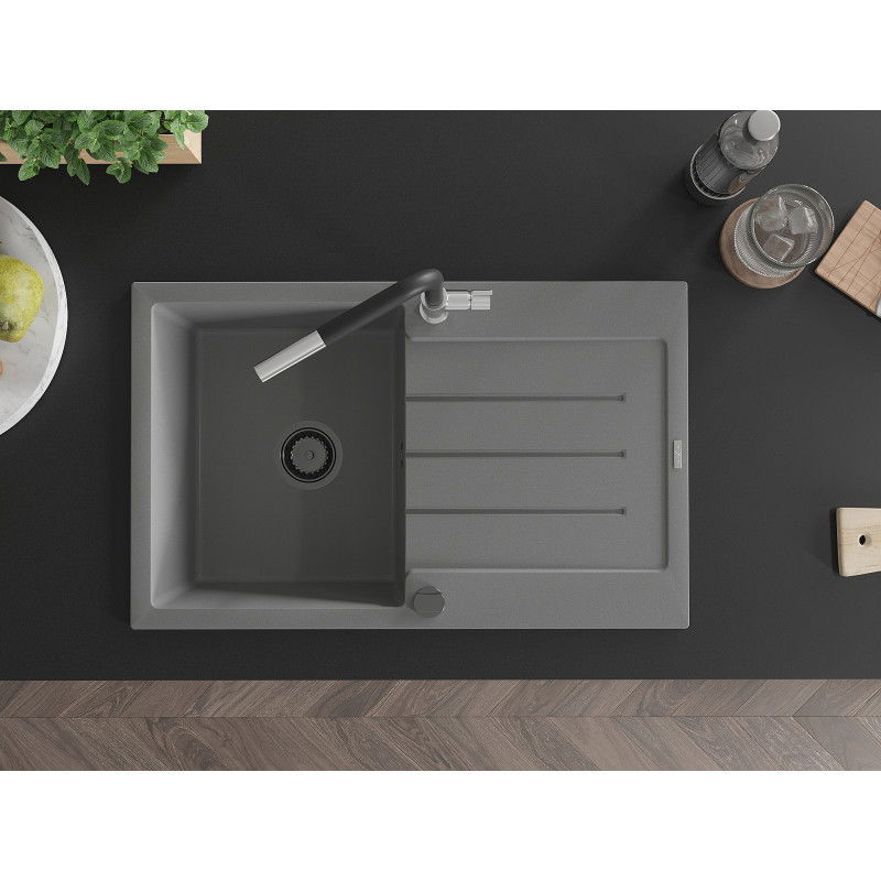 Mexen Bruno granitový dřez 1-komorový s odkapávačem a kuchyňskou baterií Flora, šedý - 6513-71-670401-07-B