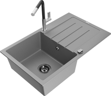 Mexen Bruno granitový dřez 1-komorový s odkapávačem a kuchyňskou baterií Flora, šedý - 6513-71-670401-07-B
