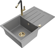 Mexen Bruno granitový dřez 1-komorový s odkapávačem a kuchyňskou baterií Flora, šedý - 6513-71-670401-57-G