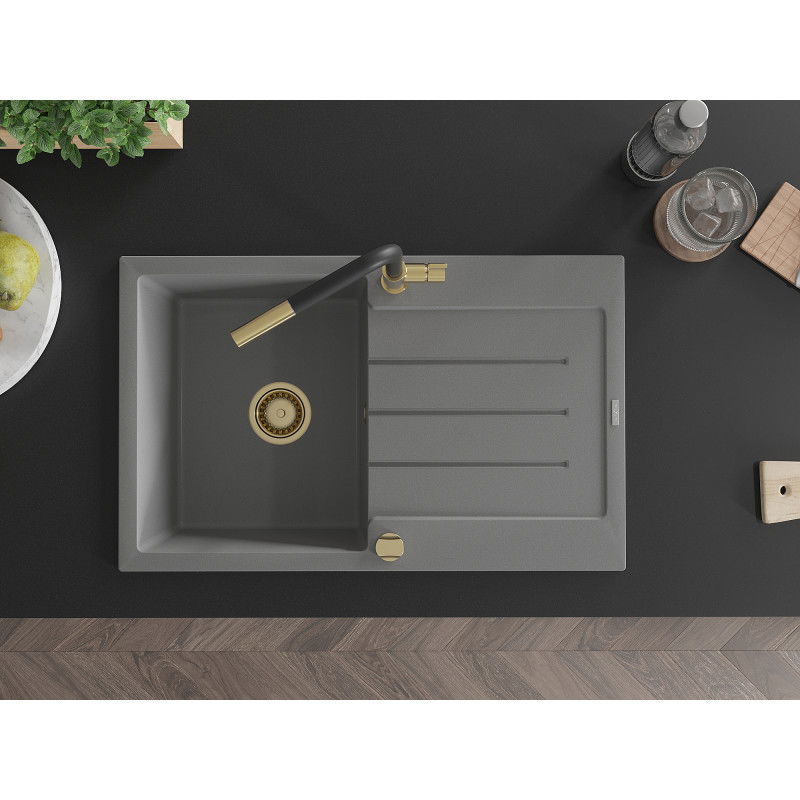 Mexen Bruno granitový dřez 1-komorový s odkapávačem a kuchyňskou baterií Flora, šedý - 6513-71-670401-57-G