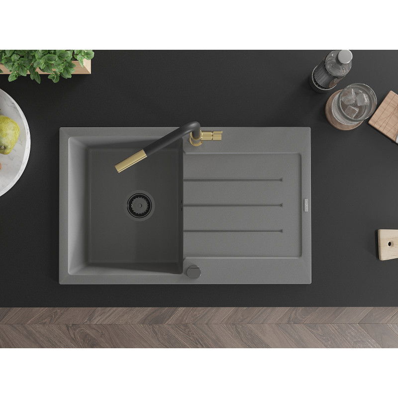Mexen Bruno granitový kuchyňský dřez 1-komorový s odkapávačem a kuchyňskou baterií Flora, šedý - 6513-71-670401-57-B