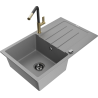 Mexen Bruno granitový kuchyňský dřez 1-komorový s odkapávačem a kuchyňskou baterií Flora, šedý - 6513-71-670401-57-B