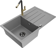 Mexen Bruno granitový kuchyňský dřez 1-komorový s odkapávačem a kuchyňskou baterií Flora, šedý - 6513-71-670401-57-B