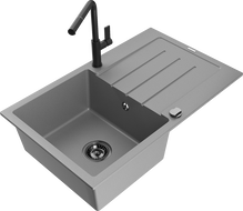 Mexen Bruno granitový jednodřez s odkapávačem a kuchyňskou baterií Flora, šedý - 6513-71-670401-70-B