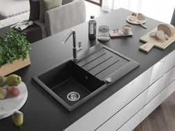 Mexen Bruno granitový dřez 1-komorový s odkapávačem a kuchyňskou baterií Flora, černý/stříbrný metalik - 6513-73-670401-00